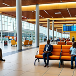 **

A modern airport interior, depicting Kigali International Airport (KGL). Focus on a comfortable waiting area with comfortable seating, charging stations, and travelers using free Wi-Fi on their devices. In the background, subtly include a children's play area. Capture a sense of ease and connectivity.

**