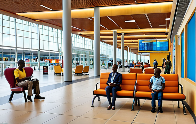 **

A modern airport interior, depicting Kigali International Airport (KGL). Focus on a comfortable waiting area with comfortable seating, charging stations, and travelers using free Wi-Fi on their devices. In the background, subtly include a children's play area. Capture a sense of ease and connectivity.

**