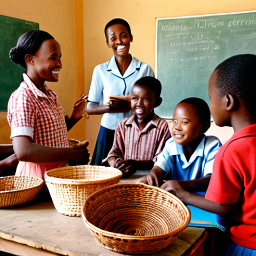 **

Classroom scene in Rwanda. Diverse group of children eagerly learning, some with traditional Rwandan baskets. A volunteer teacher interacts warmly. Focus on the joy of learning and cultural connection. Background hints at resource limitations but emphasizes hope.

**