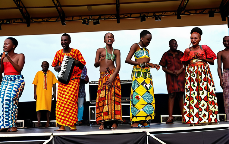 **Vibrant Rwandan Cultural Fusion:** A dynamic and energetic scene showcasing the modern face of Rwandan culture. A charismatic young Rwandan musician, similar to Meddy, is performing live on stage, embodying a blend of R&B and Afrobeat with Kinyarwanda lyrics. Behind them, band members play a mix of traditional Rwandan instruments like the Inanga and Umuduri, alongside contemporary electronic synthesizers. Interspersed around the stage or in the audience, models are stylishly dressed in vibrant fashion pieces crafted from traditional Kitenge fabrics, reinterpreted with modern, sleek designs that reflect global trends. The atmosphere is filled with bright colors, pulsating rhythms, and a sense of youthful optimism and global appeal, perhaps set against a backdrop suggesting a bustling Kigali street or a modern concert venue.