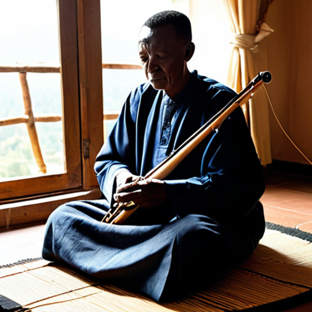 A wise, dignified elder Rwandan male musician, fully clothed in modest, traditional Rwandan attire, sits peacefully on a woven mat in a sunlit, rustic Rwandan home interior. He is gently playing an Inanga, his fingers expertly plucking the strings. The room features subtle traditional decor, with warm natural light filtering through a window, casting soft shadows. The atmosphere is serene and contemplative, evoking a sense of ancient wisdom and cultural heritage. The image focuses on his hands and the instrument, capturing the essence of traditional music. perfect anatomy, correct proportions, natural pose, well-formed hands, proper finger count, natural body proportions, professional photography, high quality, safe for work, appropriate content, fully clothed, modest, family-friendly.
