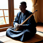 A wise, dignified elder Rwandan male musician, fully clothed in modest, traditional Rwandan attire, sits peacefully on a woven mat in a sunlit, rustic Rwandan home interior. He is gently playing an Inanga, his fingers expertly plucking the strings. The room features subtle traditional decor, with warm natural light filtering through a window, casting soft shadows. The atmosphere is serene and contemplative, evoking a sense of ancient wisdom and cultural heritage. The image focuses on his hands and the instrument, capturing the essence of traditional music. perfect anatomy, correct proportions, natural pose, well-formed hands, proper finger count, natural body proportions, professional photography, high quality, safe for work, appropriate content, fully clothed, modest, family-friendly.