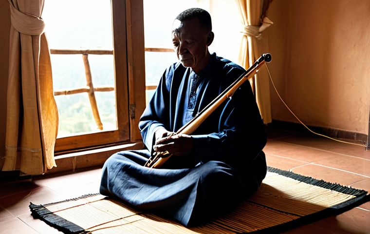 A wise, dignified elder Rwandan male musician, fully clothed in modest, traditional Rwandan attire, sits peacefully on a woven mat in a sunlit, rustic Rwandan home interior. He is gently playing an Inanga, his fingers expertly plucking the strings. The room features subtle traditional decor, with warm natural light filtering through a window, casting soft shadows. The atmosphere is serene and contemplative, evoking a sense of ancient wisdom and cultural heritage. The image focuses on his hands and the instrument, capturing the essence of traditional music. perfect anatomy, correct proportions, natural pose, well-formed hands, proper finger count, natural body proportions, professional photography, high quality, safe for work, appropriate content, fully clothed, modest, family-friendly.
