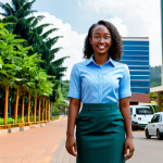 A professional young woman in a modest business casual outfit, fully clothed, and appropriate attire, stands confidently on a clean, modern city street in Kigali, Rwanda. In the background, contemporary high-rise buildings and lush green public spaces symbolize innovation and sustainable development. A subtle, advanced delivery drone is visible in the distant sky, reflecting technological progress. The scene is illuminated by bright, optimistic lighting, conveying a sense of forward momentum and prosperity. Perfect anatomy, correct proportions, natural pose, well-formed hands, proper finger count, natural body proportions, professional photography, high quality, vibrant colors, safe for work, appropriate content, family-friendly.