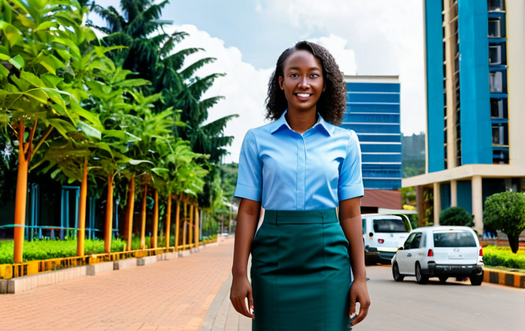 A professional young woman in a modest business casual outfit, fully clothed, and appropriate attire, stands confidently on a clean, modern city street in Kigali, Rwanda. In the background, contemporary high-rise buildings and lush green public spaces symbolize innovation and sustainable development. A subtle, advanced delivery drone is visible in the distant sky, reflecting technological progress. The scene is illuminated by bright, optimistic lighting, conveying a sense of forward momentum and prosperity. Perfect anatomy, correct proportions, natural pose, well-formed hands, proper finger count, natural body proportions, professional photography, high quality, vibrant colors, safe for work, appropriate content, family-friendly.