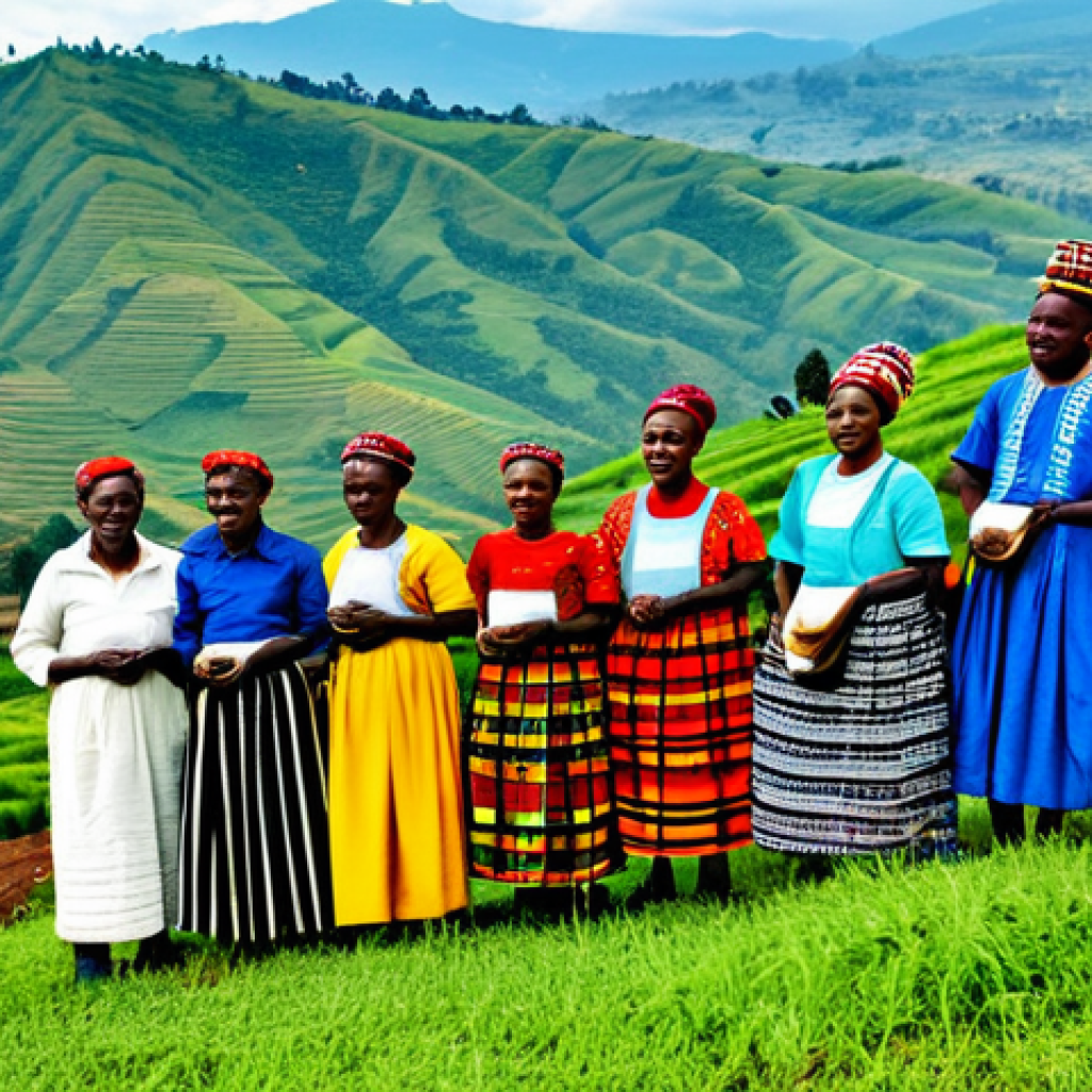 **
"A group of Rwandese people, fully clothed in traditional Imigongo patterned attire, gathered for a community celebration. Rolling green hills in the background. Safe for work, appropriate content, family-friendly, professional photography, perfect anatomy, natural proportions, vibrant colors, traditional Rwandan art influences."
**
