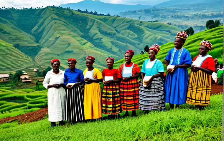 **

"A group of Rwandese people, fully clothed in traditional Imigongo patterned attire, gathered for a community celebration. Rolling green hills in the background. Safe for work, appropriate content, family-friendly, professional photography, perfect anatomy, natural proportions, vibrant colors, traditional Rwandan art influences."

**