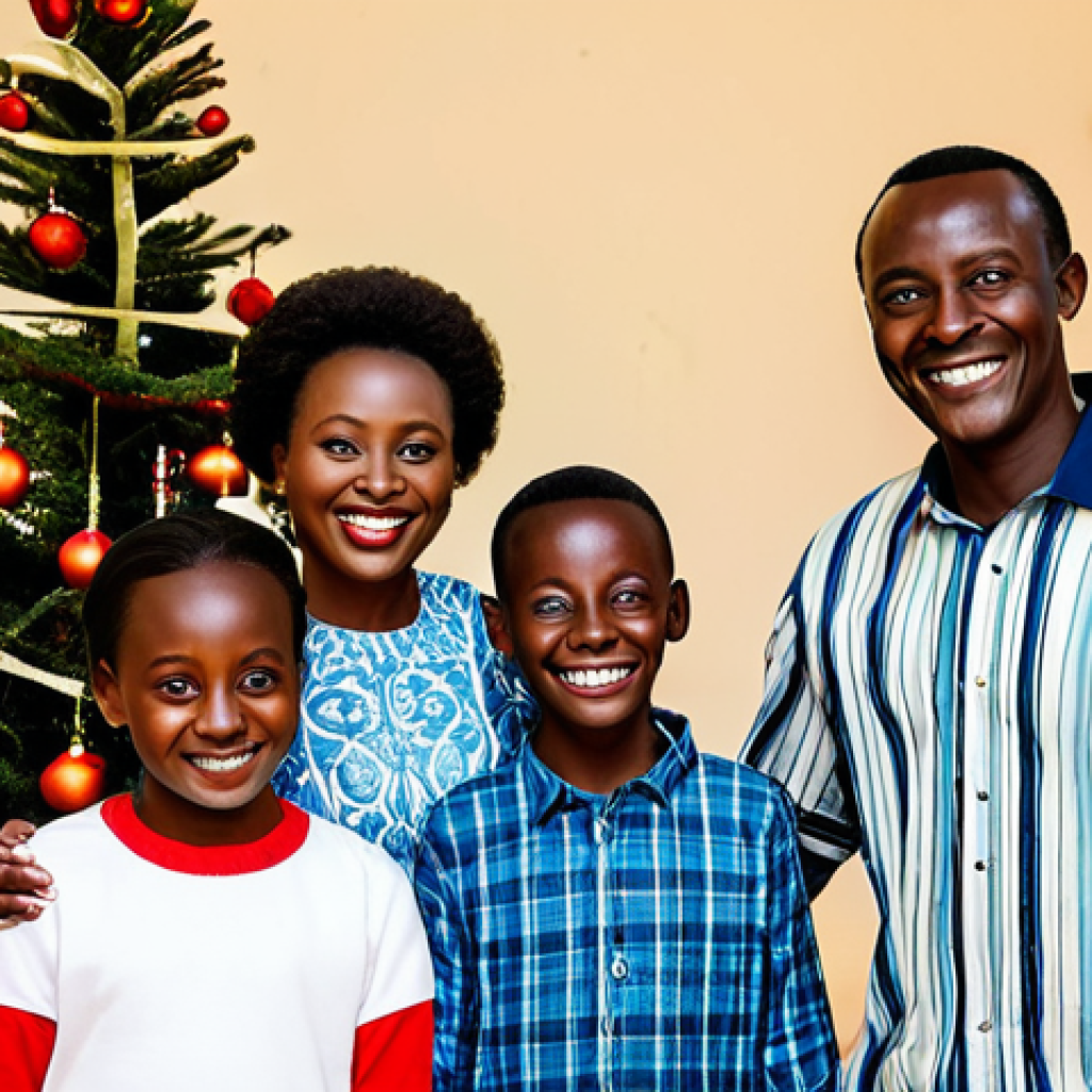 Christmas Celebration in Rwanda**
"A fully clothed family celebrating Christmas in a modest Rwandan home, adorned with simple decorations, appropriate attire, safe for work, perfect anatomy, natural proportions, family-friendly scene, children smiling, warm lighting, professional photography, high quality."
**