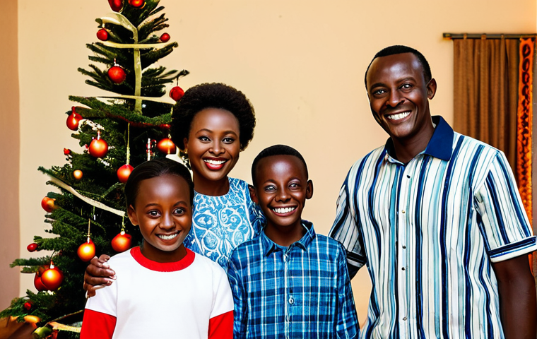 Christmas Celebration in Rwanda**

"A fully clothed family celebrating Christmas in a modest Rwandan home, adorned with simple decorations, appropriate attire, safe for work, perfect anatomy, natural proportions, family-friendly scene, children smiling, warm lighting, professional photography, high quality."

**