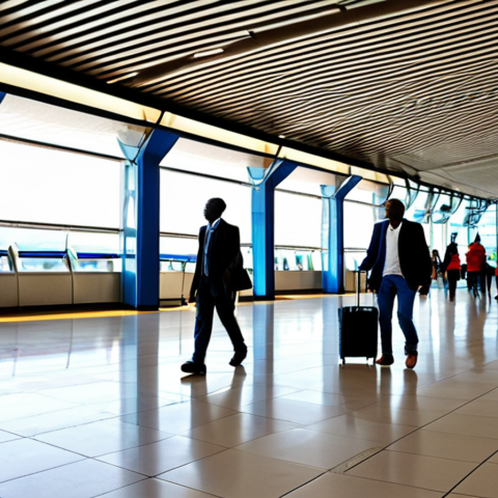 Modern Airport Interior**
"A bright and modern interior shot of Kigali International Airport, showing travelers walking through the terminal, fully clothed, appropriate attire, safe for work, perfect anatomy, natural proportions, featuring Rwandan art displays, clean and spacious, professional photography, high quality."
**