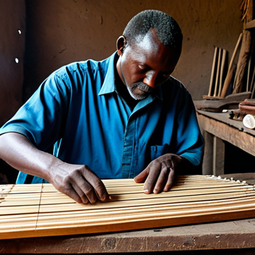 **
"An old Rwandan artisan crafting a traditional Inanga zither in his workshop, using hand tools, surrounded by wood scraps and other instruments, fully clothed, modest attire, safe for work, perfect anatomy, natural proportions, professional photography, family-friendly."
**
