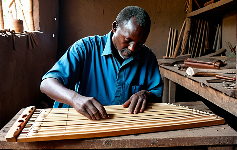 **

"An old Rwandan artisan crafting a traditional Inanga zither in his workshop, using hand tools, surrounded by wood scraps and other instruments, fully clothed, modest attire, safe for work, perfect anatomy, natural proportions, professional photography, family-friendly."

**