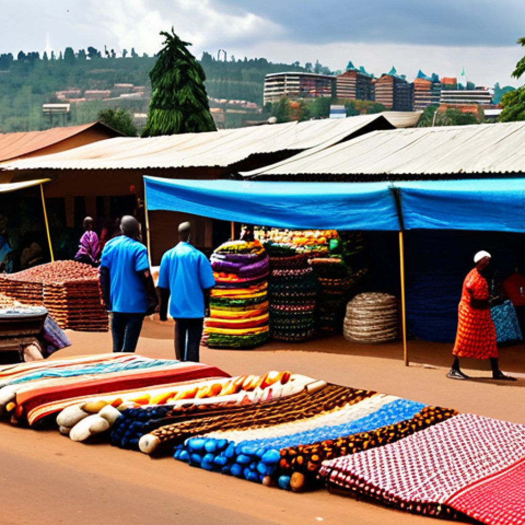 Rwanda's Economic Rebirth**
"A bustling marketplace in Kigali, Rwanda, featuring vendors selling vibrant textiles, crafts, and coffee beans, fully clothed, appropriate attire, modern buildings in the background, clean streets, safe for work, perfect anatomy, natural proportions, professional photography, high quality, family-friendly atmosphere, showcasing economic growth and opportunity."
**