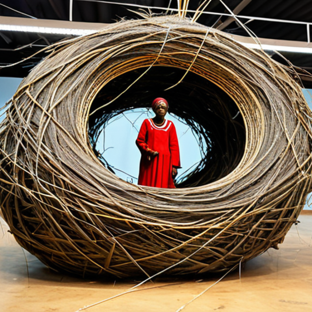 르완다에서의 지역 예술 전시 - Traditional Weaving Meets Modern Art**
"A Rwandan artist, fully clothed in modest attire, creating ...