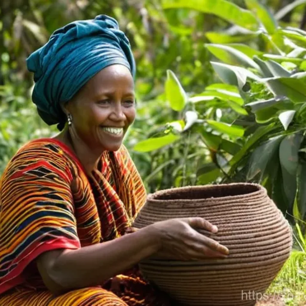 르완다 전통 직물 디자인 갤러리 - **Prompt 1: "The Weaver's Wisdom and Natural Dyes"**
A close-up, high-definition photograph of a...