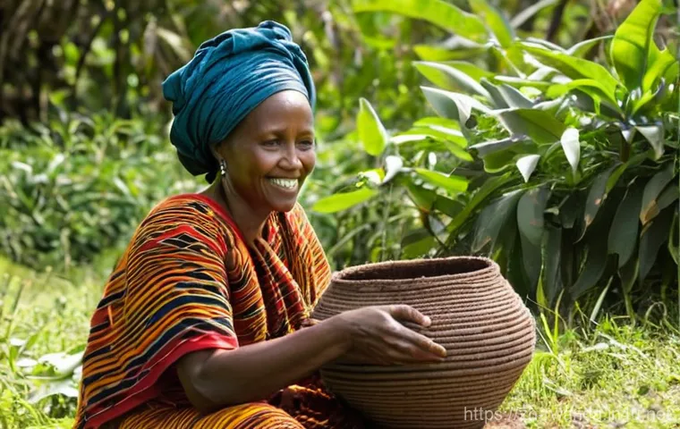 르완다 전통 직물 디자인 갤러리 - **Prompt 1: "The Weaver's Wisdom and Natural Dyes"**
    A close-up, high-definition photograph of a...