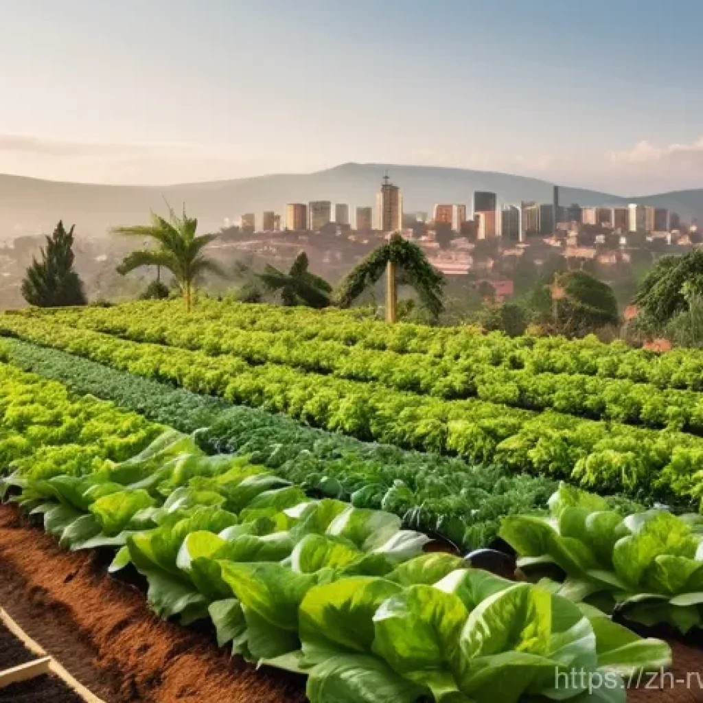 르완다의 도시 농업 - **Prompt:** A vibrant, sun-drenched urban farm integrated into a modern city skyline in Kigali, Rwan...