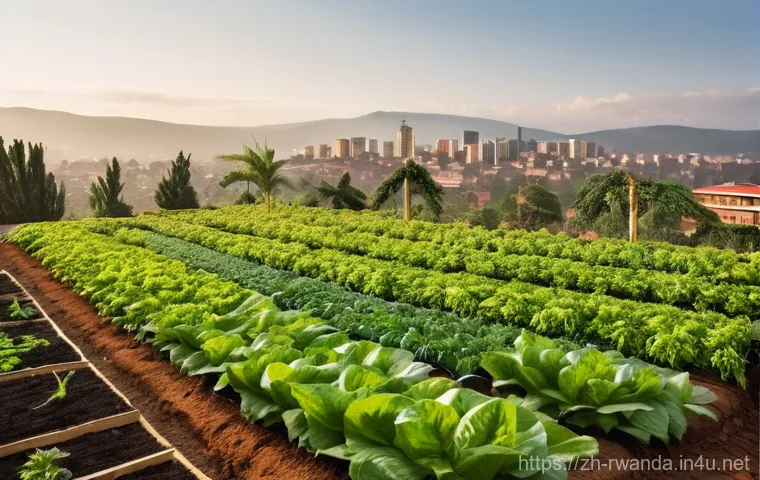 르완다의 도시 농업 - **Prompt:** A vibrant, sun-drenched urban farm integrated into a modern city skyline in Kigali, Rwan...
