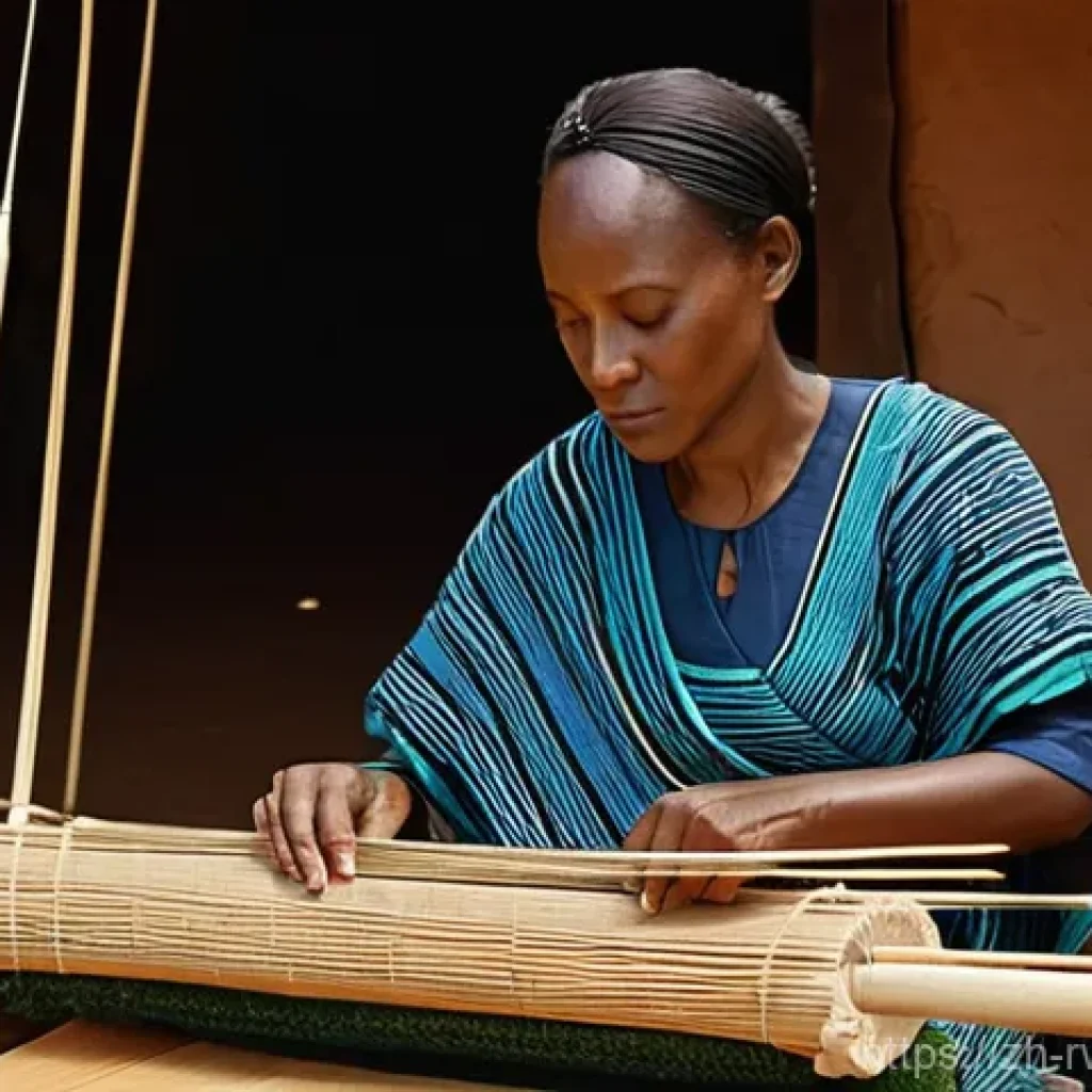 르완다 전통 직물 제작법 - **Prompt:** A dignified Rwandan woman in her mid-40s, with a warm, focused expression, meticulously ...