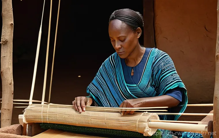 르완다 전통 직물 제작법 - **Prompt:** A dignified Rwandan woman in her mid-40s, with a warm, focused expression, meticulously ...
