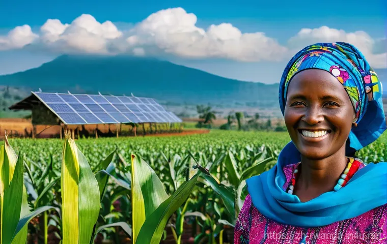 르완다의 식량 안보 프로그램 - **A Resilient Rwandan Farmer Embracing Climate-Smart Agriculture**
    A vibrant, sun-drenched wide ...
