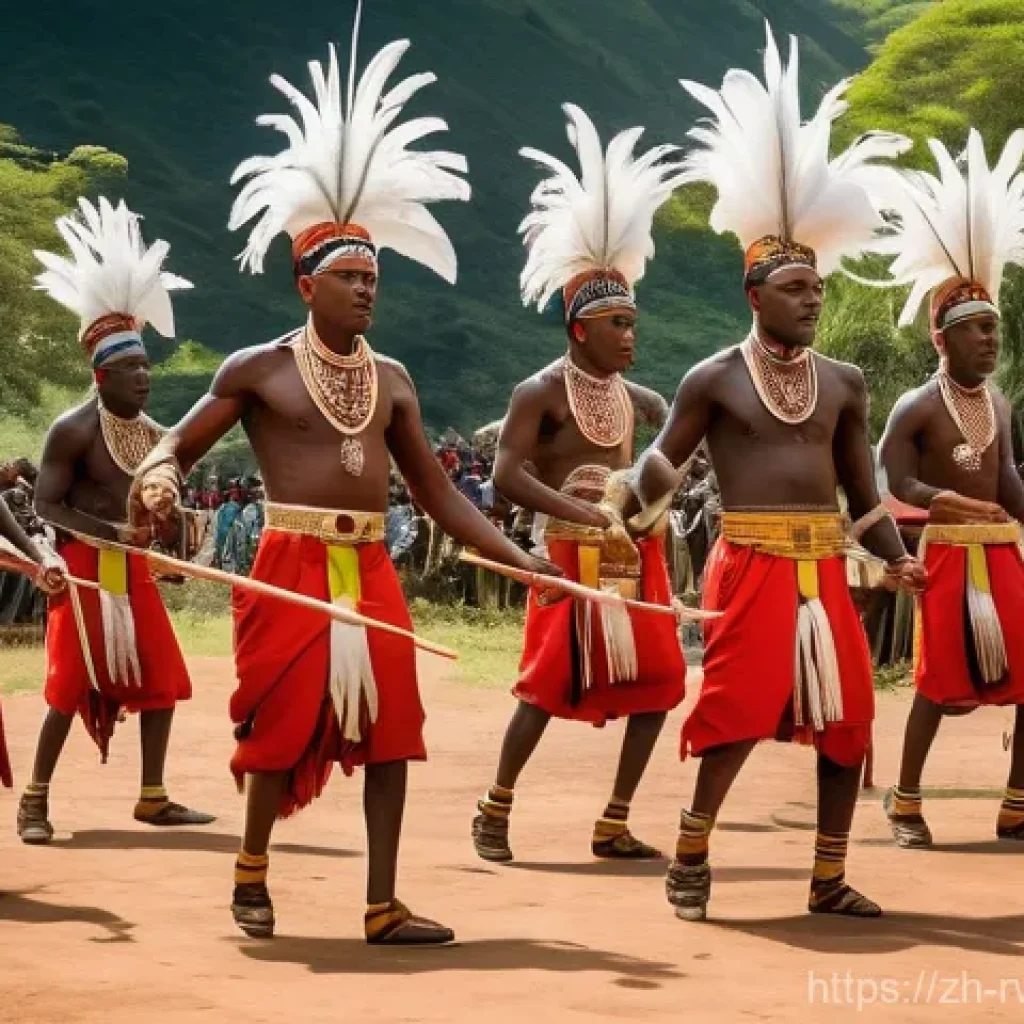 르완다의 민속 음악 축제 분석 - A dynamic and respectful portrayal of Intore warriors performing their traditional dance. The dancer...