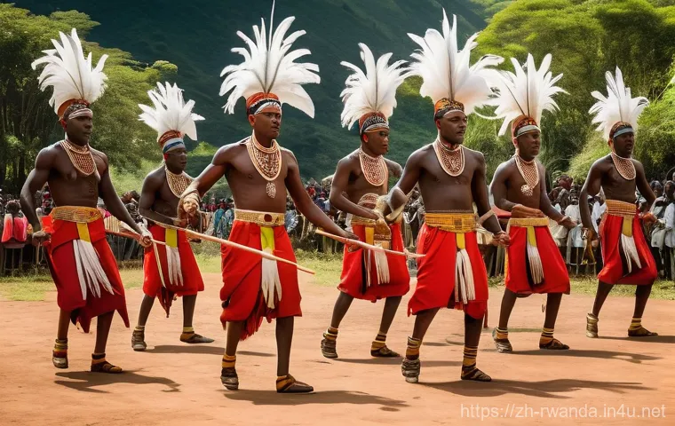 르완다의 민속 음악 축제 분석 - A dynamic and respectful portrayal of Intore warriors performing their traditional dance. The dancer...