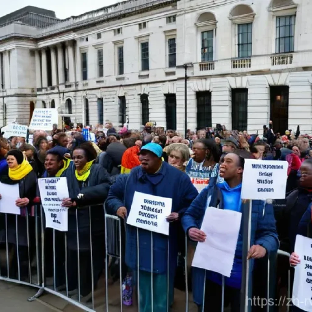 르완다와 영국의 관계 - **Image Prompt: Protest Against the Rwanda Plan in London**
A wide-angle shot capturing a lively...