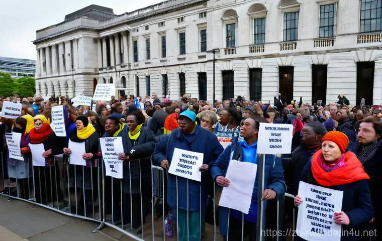 르완다와 영국의 관계 - **Image Prompt: Protest Against the Rwanda Plan in London**
A wide-angle shot capturing a lively...