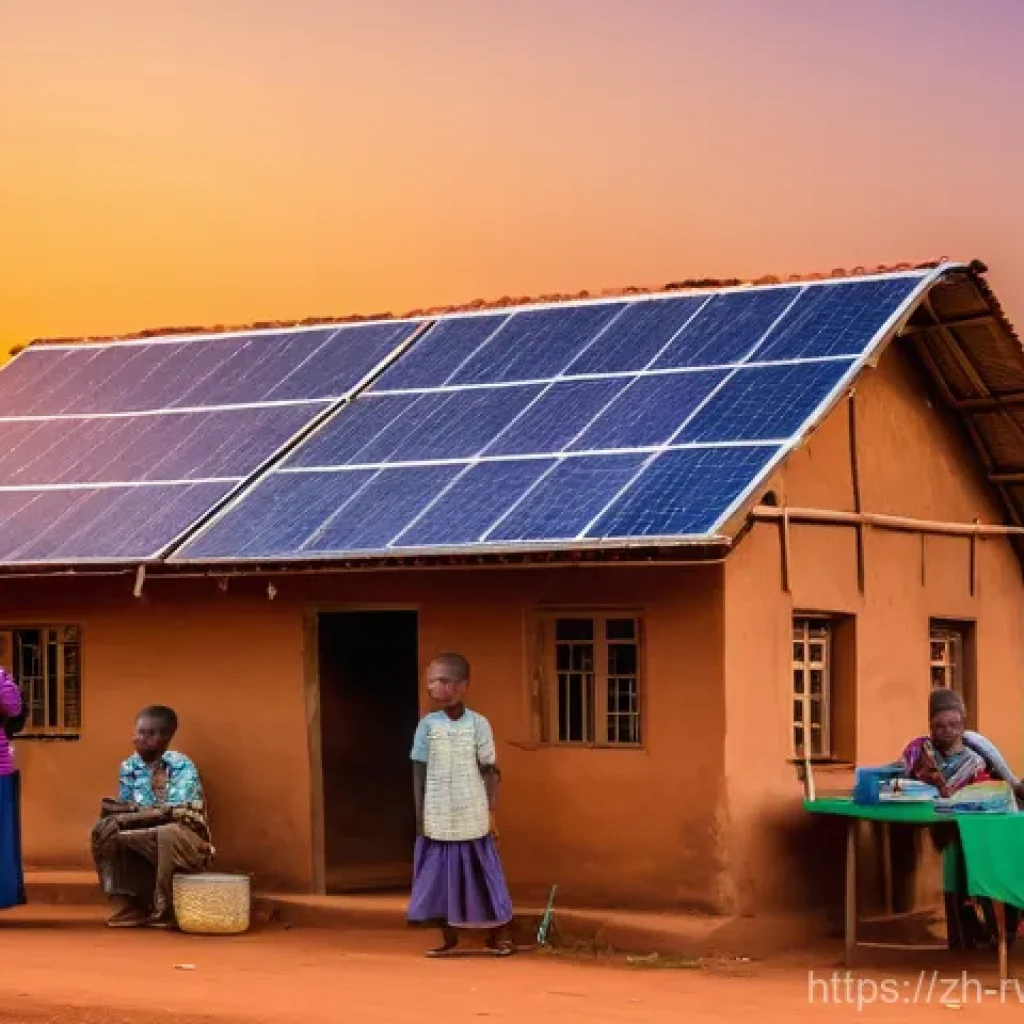 르완다에서의 에너지 혁신 - **Prompt:** A vibrant, bustling rural Rwandan village at dusk. The scene is illuminated by the warm ...