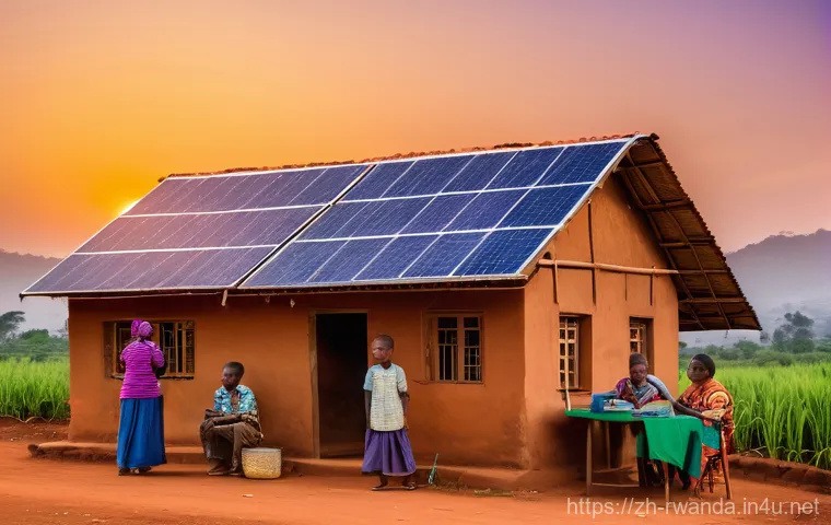 르완다에서의 에너지 혁신 - **Prompt:** A vibrant, bustling rural Rwandan village at dusk. The scene is illuminated by the warm ...