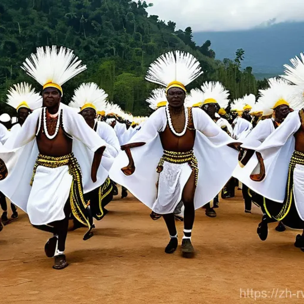 르완다에서의 민속 축제 - **Prompt: "A vibrant scene capturing the essence of the Intore dance in Rwanda. Dozens of Rwandan ma...