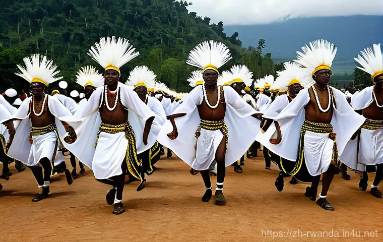 르완다에서의 민속 축제 - **Prompt: "A vibrant scene capturing the essence of the Intore dance in Rwanda. Dozens of Rwandan ma...