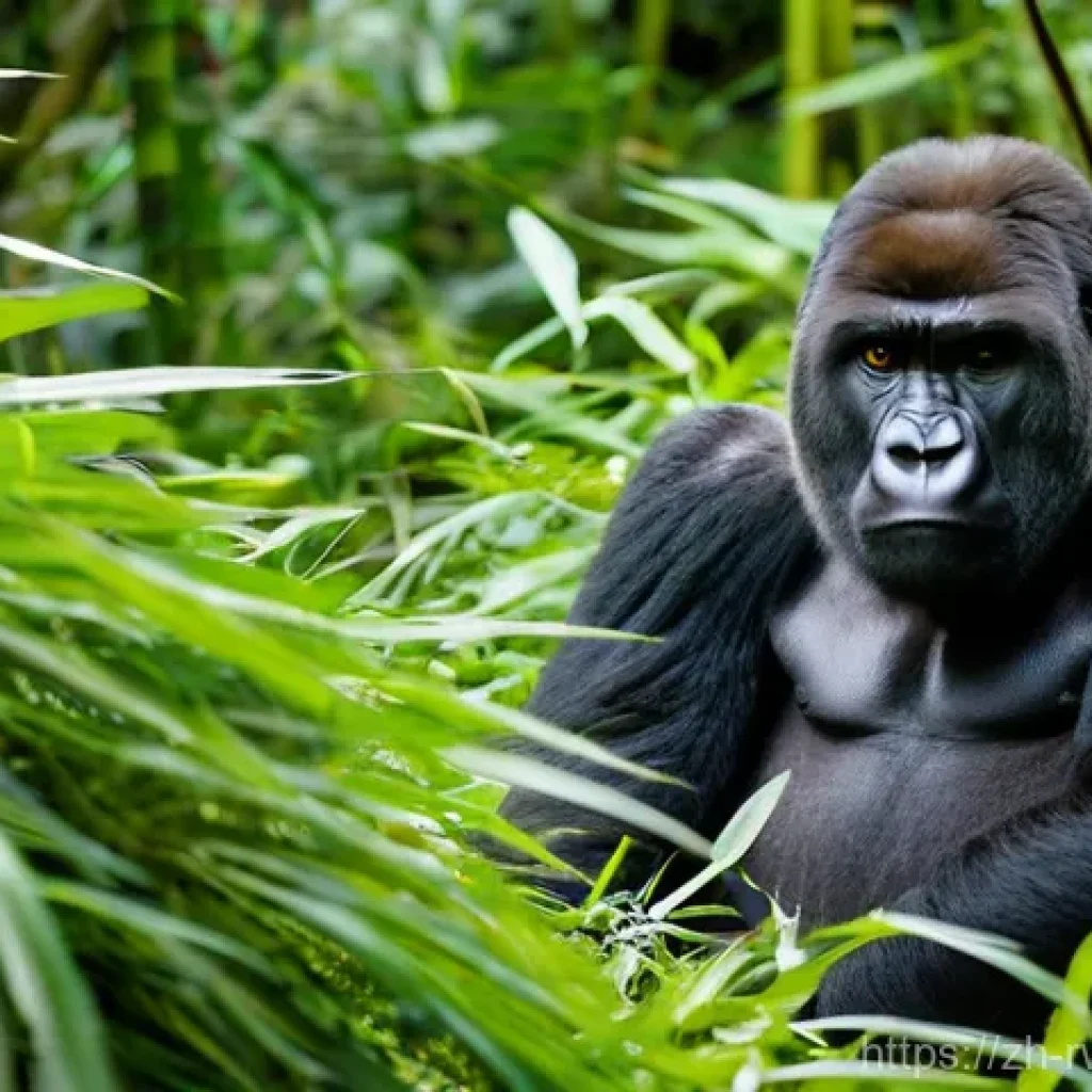 르완다의 주요 공원 - A majestic silverback mountain gorilla, with deep, intelligent brown eyes, calmly sits amidst a dens...