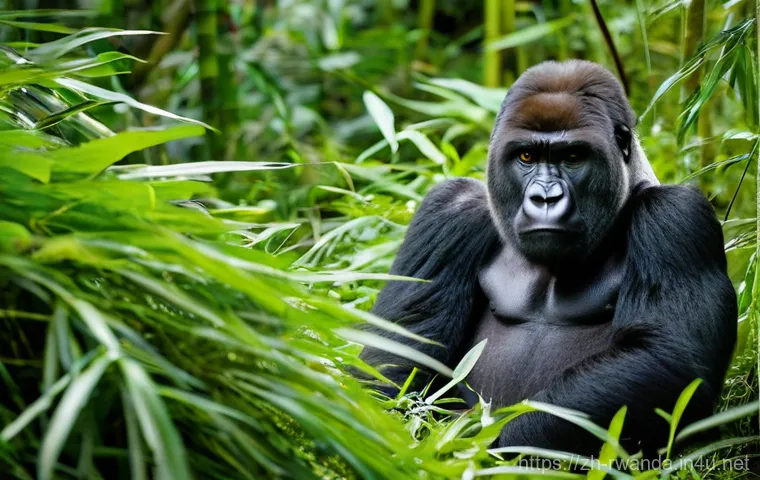 르완다의 주요 공원 - A majestic silverback mountain gorilla, with deep, intelligent brown eyes, calmly sits amidst a dens...