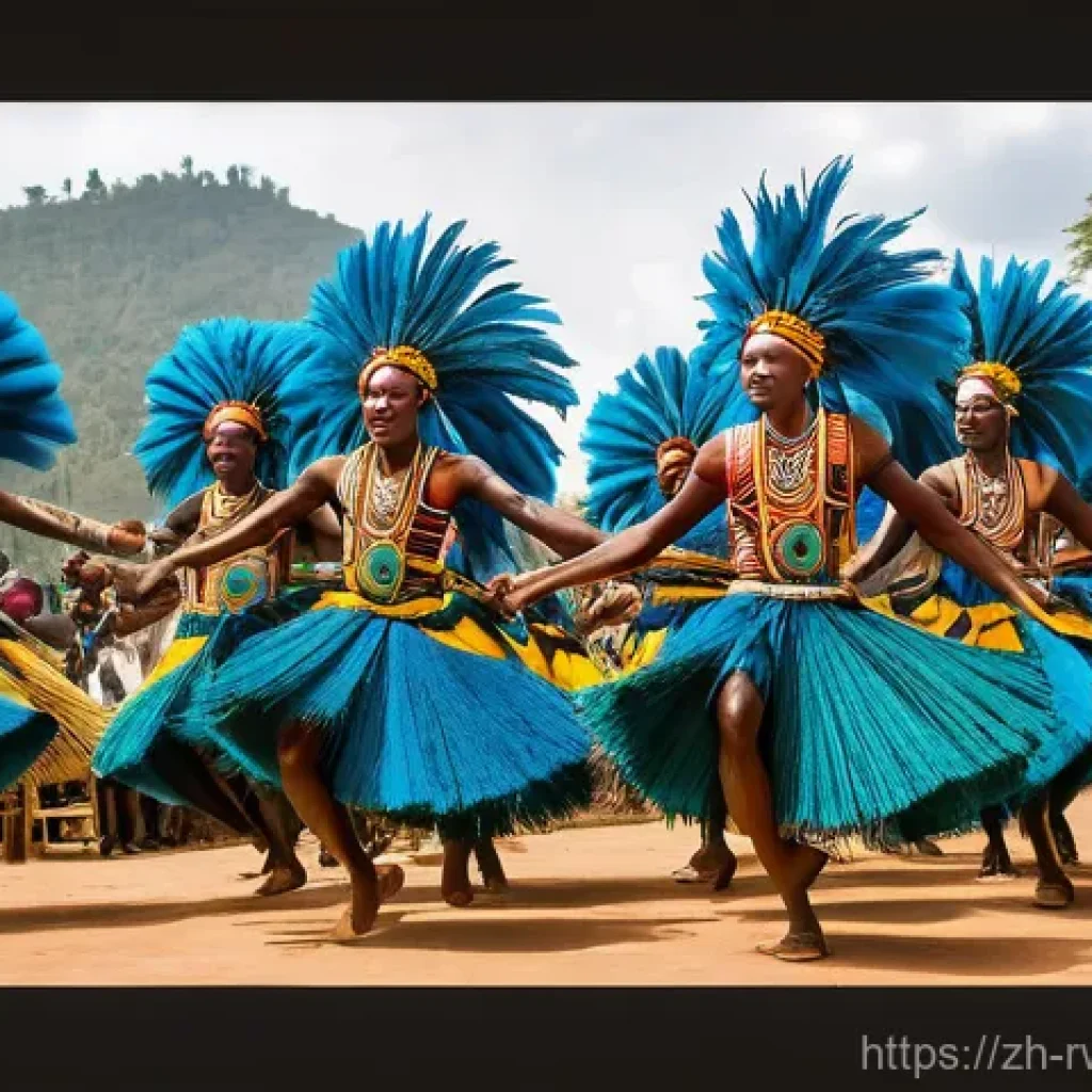 르완다에서의 문화 체험 투어 - **Prompt for Intore Dance:**
"A group of Rwandan Intore dancers, traditionally dressed in vibran...