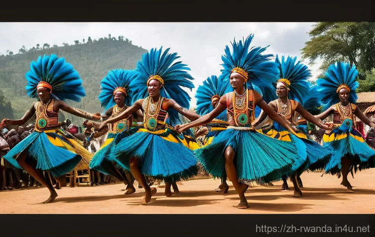 르완다에서의 문화 체험 투어 - **Prompt for Intore Dance:**
    "A group of Rwandan Intore dancers, traditionally dressed in vibran...