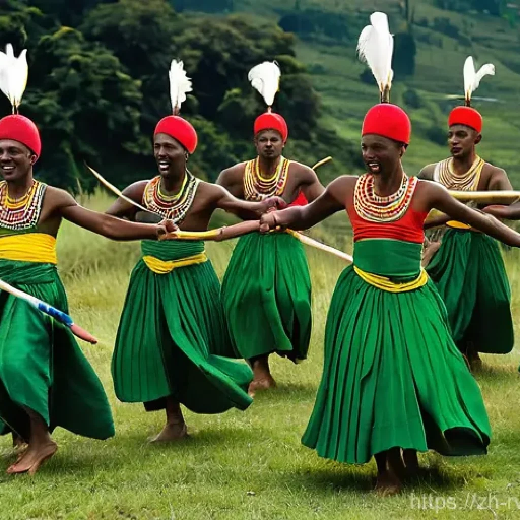 르완다 민속 음악 공연 일정 - **Prompt for Intore Dancers:**
"A group of Rwandan Intore dancers, men wearing vibrant and elabo...