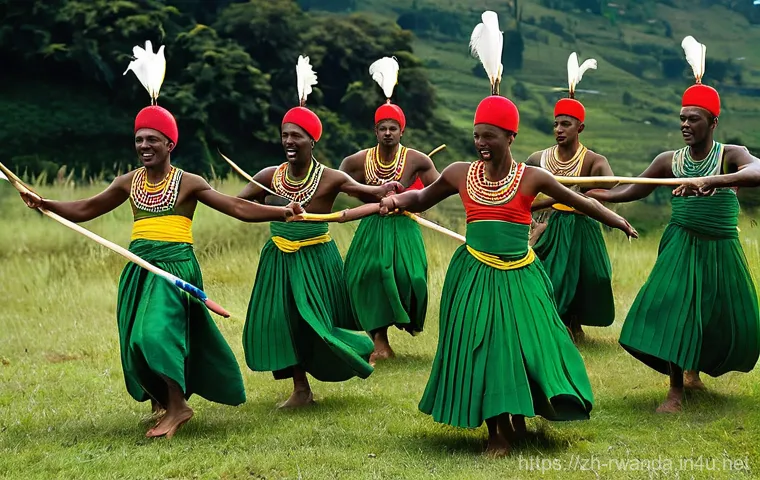 르완다 민속 음악 공연 일정 - **Prompt for Intore Dancers:**
    "A group of Rwandan Intore dancers, men wearing vibrant and elabo...