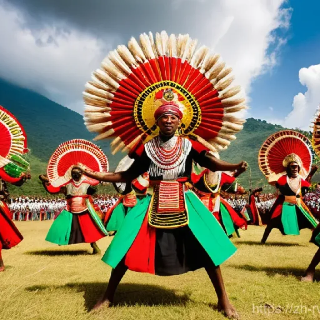 르완다 전통 춤 축제 - **A dynamic, wide-angle shot of a group of Rwandan Intore dancers performing a warrior's dance.** Th...