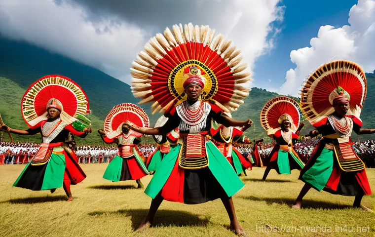 르완다 전통 춤 축제 - **A dynamic, wide-angle shot of a group of Rwandan Intore dancers performing a warrior's dance.** Th...