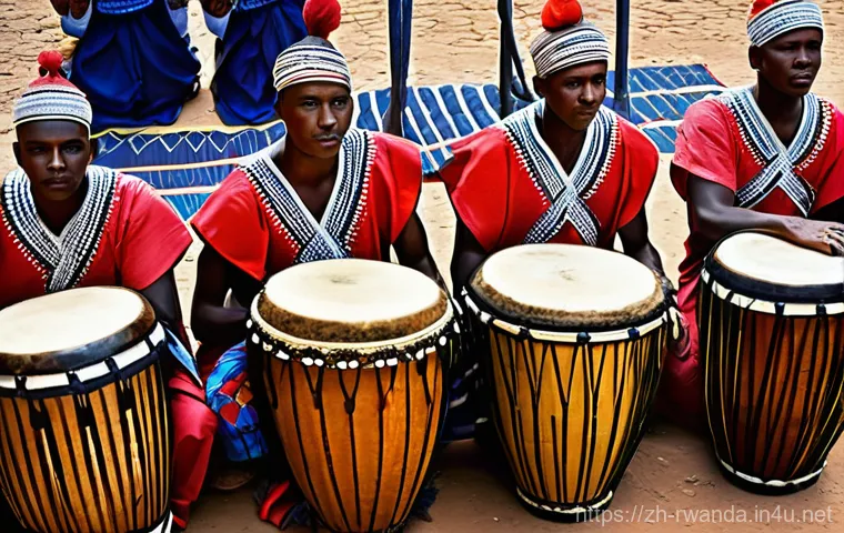 르완다 전통 춤 축제 - **A dynamic, wide-angle shot of a group of Rwandan Intore dancers performing a warrior's dance.** Th... 르완다 전통 춤 축제 - **A dynamic, wide-angle shot of a group of Rwandan Intore dancers performing a warrior's dance.** Th...