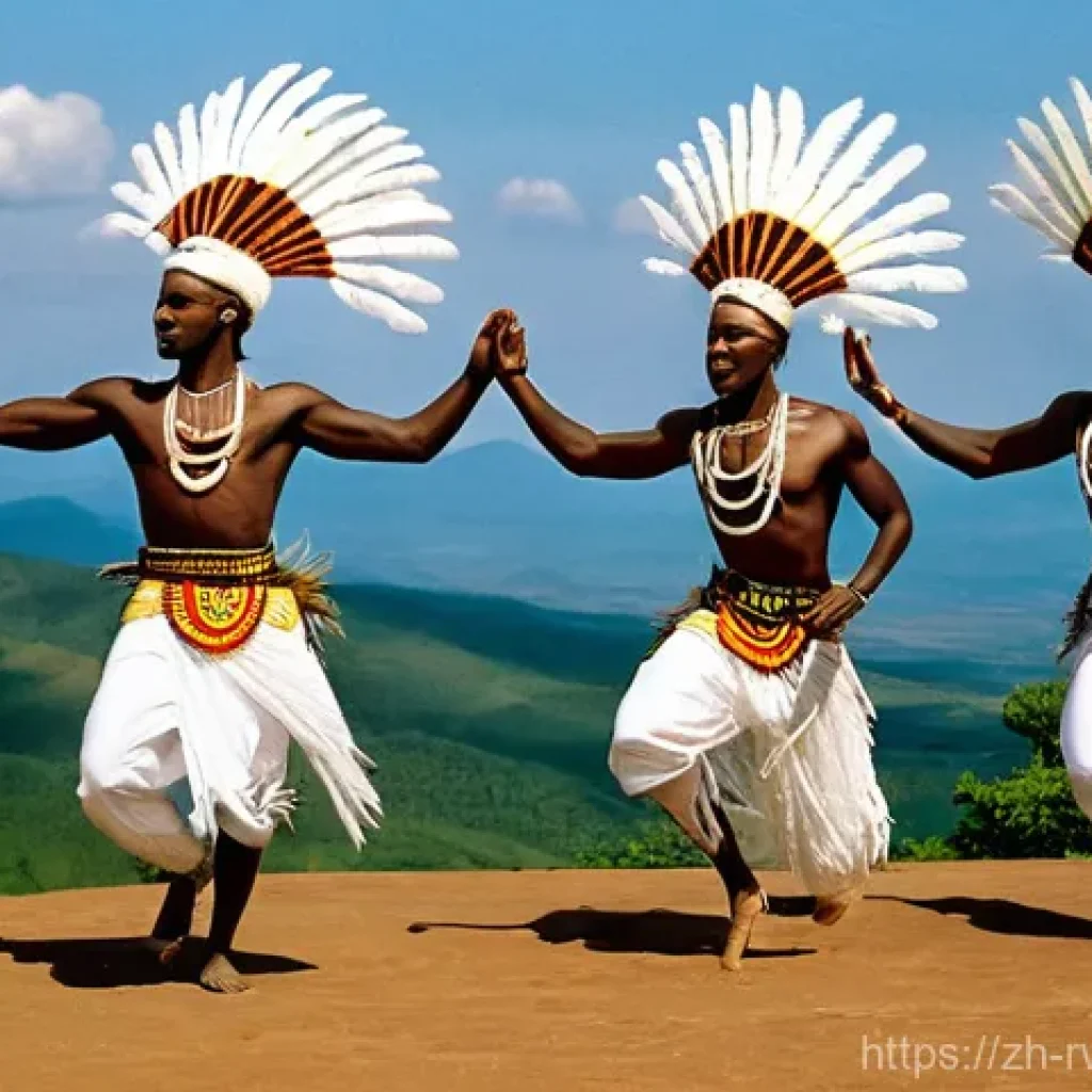 르완다 민속 음악 연구소 - A dynamic wide shot of three Rwandan Intore dancers performing the "Warrior's Dance" (Intore). They ...