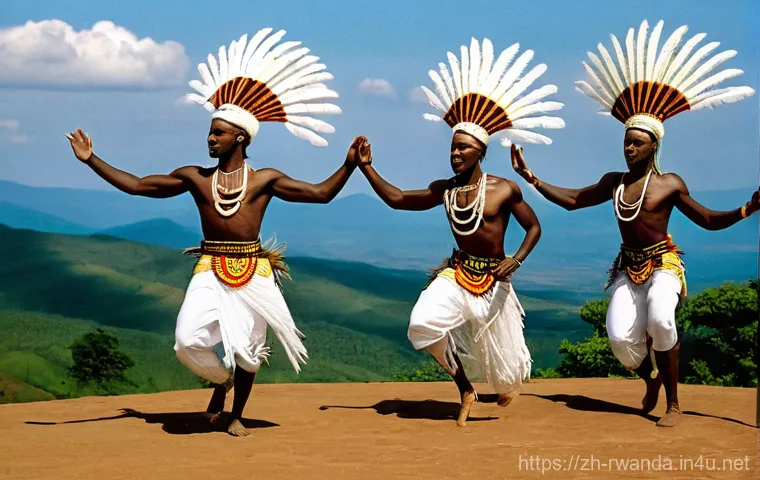 르완다 민속 음악 연구소 - A dynamic wide shot of three Rwandan Intore dancers performing the "Warrior's Dance" (Intore). They ...
