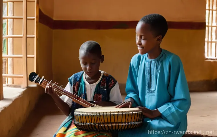 르완다 민속 음악 연구소 - A close-up, energetic shot of four Rwandan drummers passionately playing Ingoma drums. The scene is ... 르완다 민속 음악 연구소 - A close-up, energetic shot of four Rwandan drummers passionately playing Ingoma drums. The scene is ...