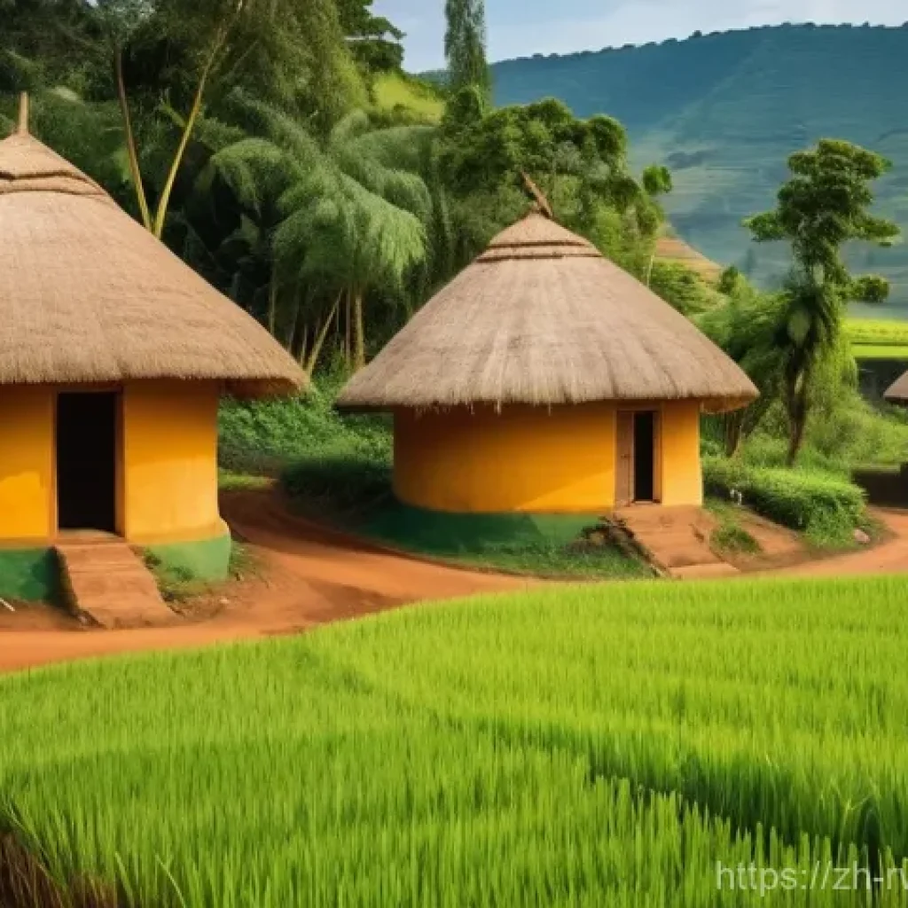 르완다의 전통적 건축 스타일 - **A vibrant traditional Rwandan village scene.** Picture a collection of circular, beehive-shaped hu...