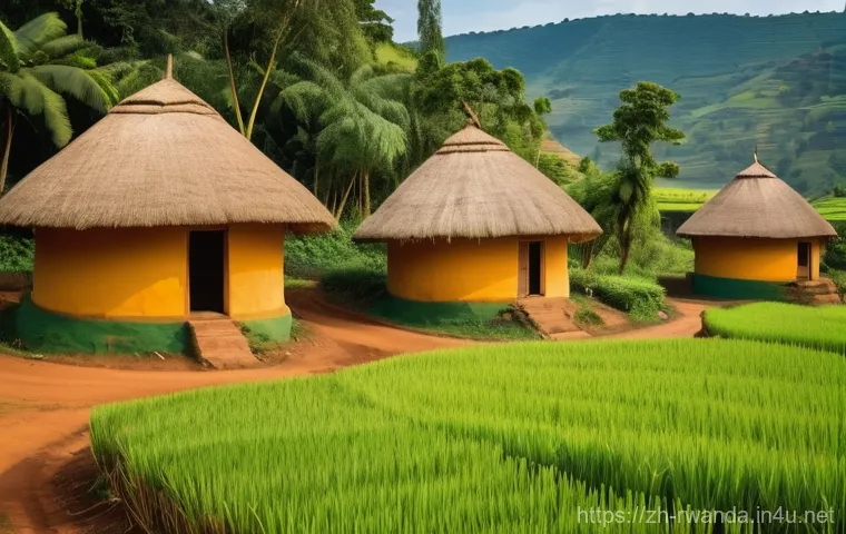 르완다의 전통적 건축 스타일 - **A vibrant traditional Rwandan village scene.** Picture a collection of circular, beehive-shaped hu...
