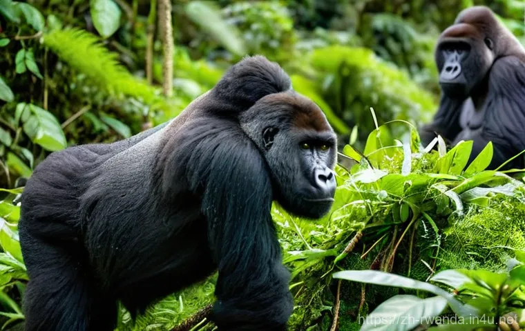 르완다에서의 안전한 사파리 경험 - **Mountain Gorilla Encounter in Volcanoes National Park**
    A breathtaking, realistic image of a s...