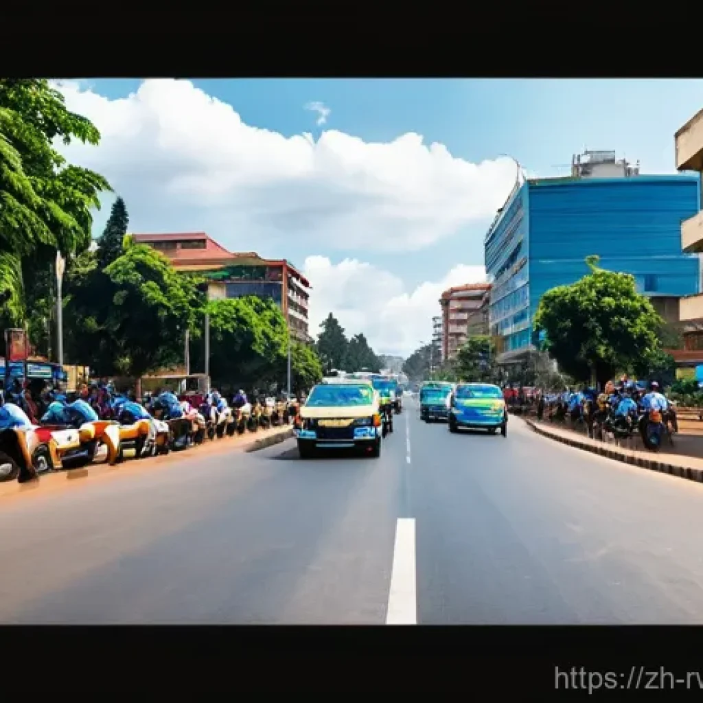 르완다의 교통 시스템 - **Prompt 1: Kigali's Organized Urban Buzz**
"A wide-angle shot capturing the bustling yet orderl...