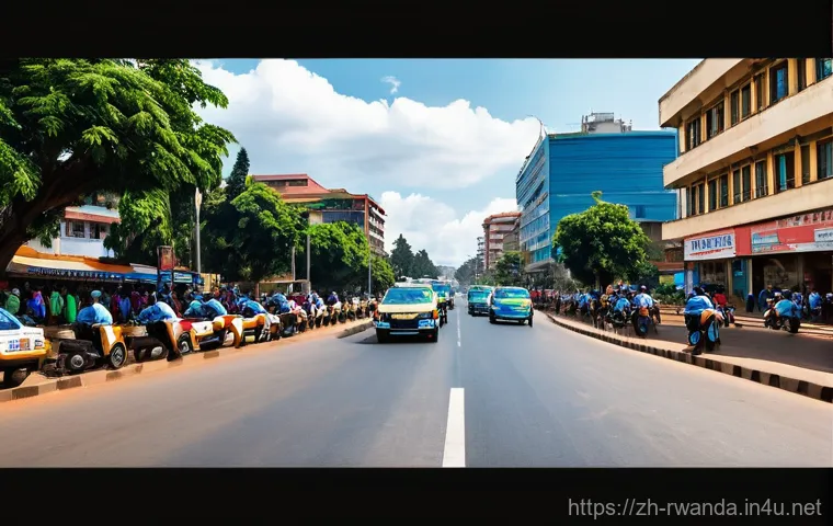 르완다의 교통 시스템 - **Prompt 1: Kigali's Organized Urban Buzz**
    "A wide-angle shot capturing the bustling yet orderl...